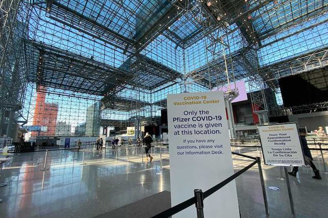 The signage at the Javits Center instructing people there for the COVID-19 vaccine.